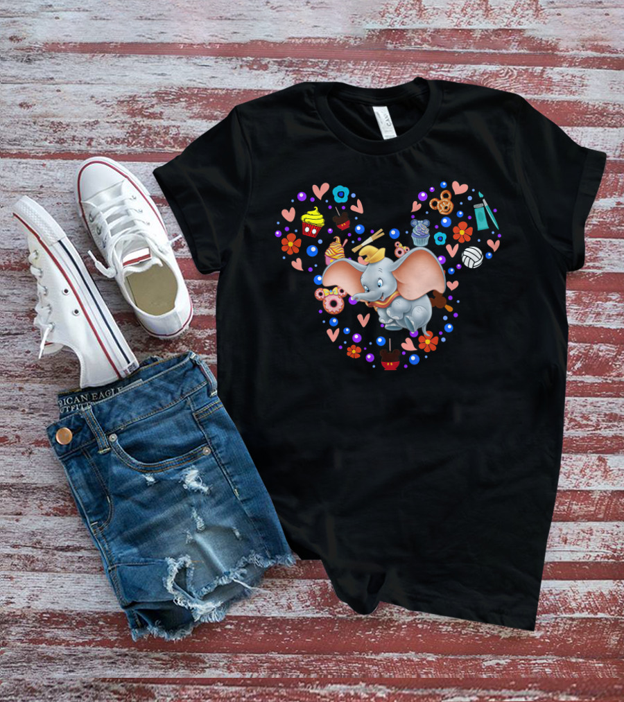 Dumbo With Mickey Mouse Icon And Colorful Desserts And Flowers T-Shirt