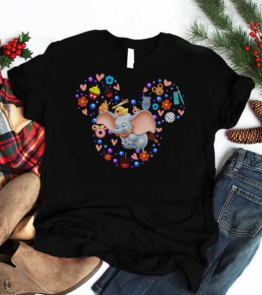 Dumbo With Mickey Mouse Icon And Colorful Desserts And Flowers T-Shirt