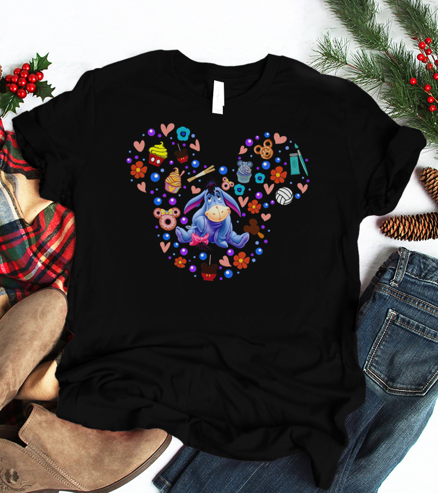 Eeyore Surrounded By Colorful Hearts And Treats In Iconic Mouse Head Shape T-Shirt