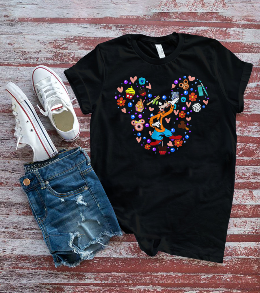 Goofy Character Surrounded By Colorful Snacks And Hearts With Mickey Ears T-Shirt
