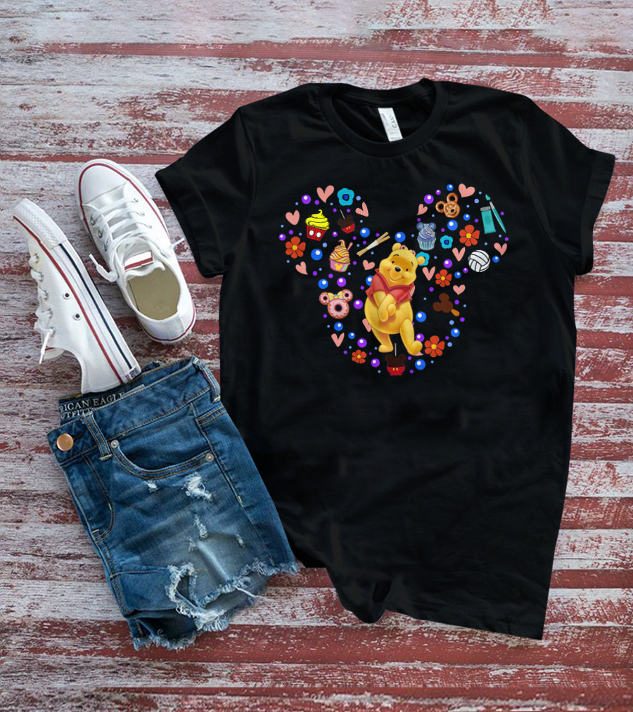 Pooh Heart With Cupcakes And Flowers T-Shirt