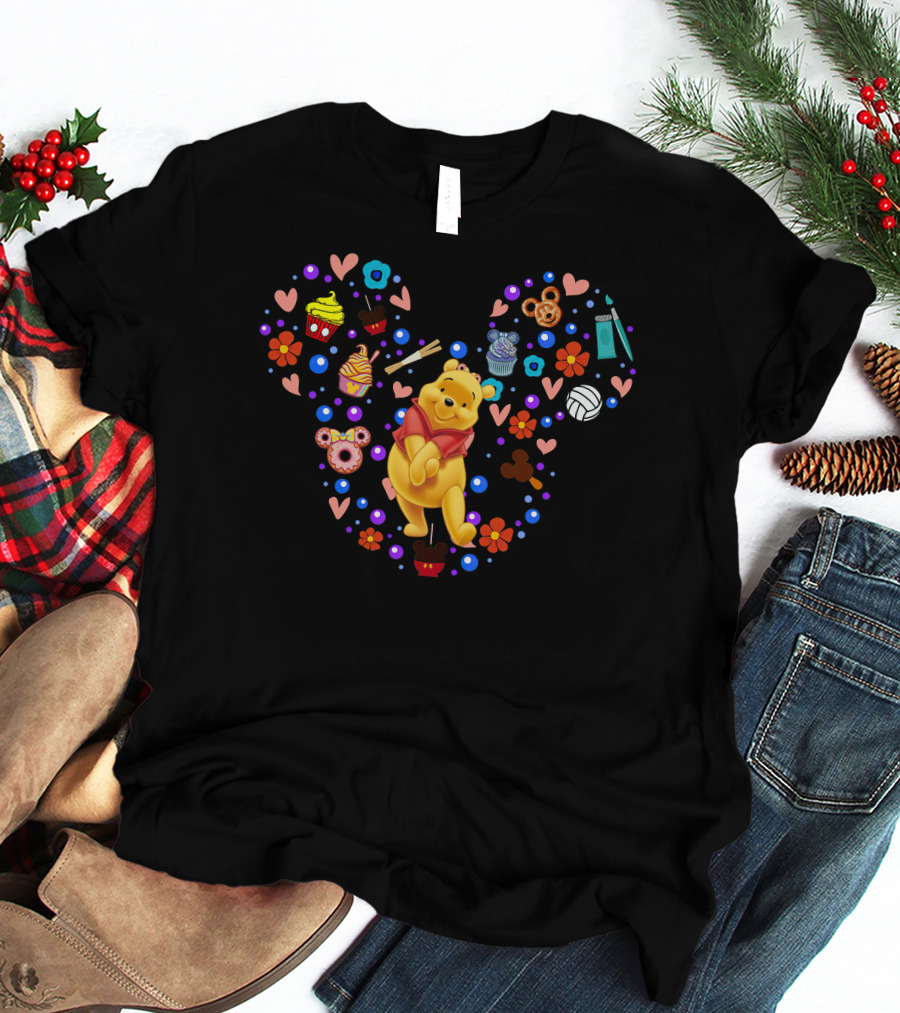 Pooh Heart With Cupcakes And Flowers T-Shirt