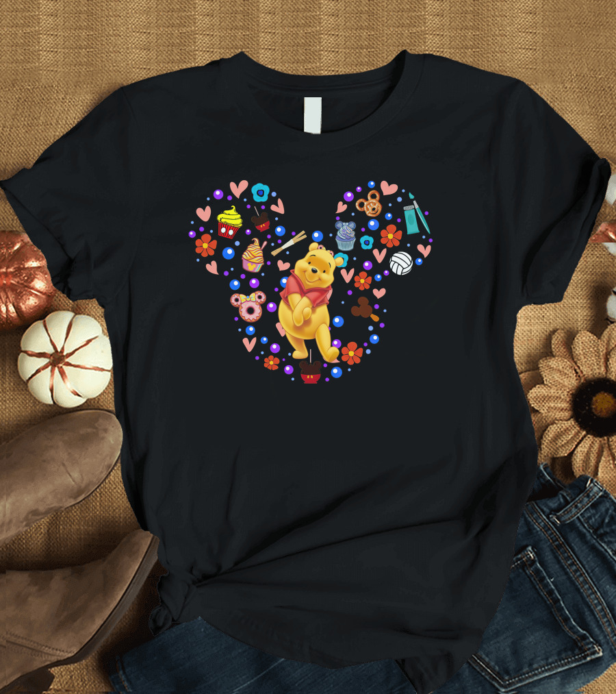 Pooh Heart With Cupcakes And Flowers T-Shirt