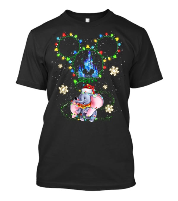 Christmas Dumbo With Castle And Mickey String Lights T-Shirt