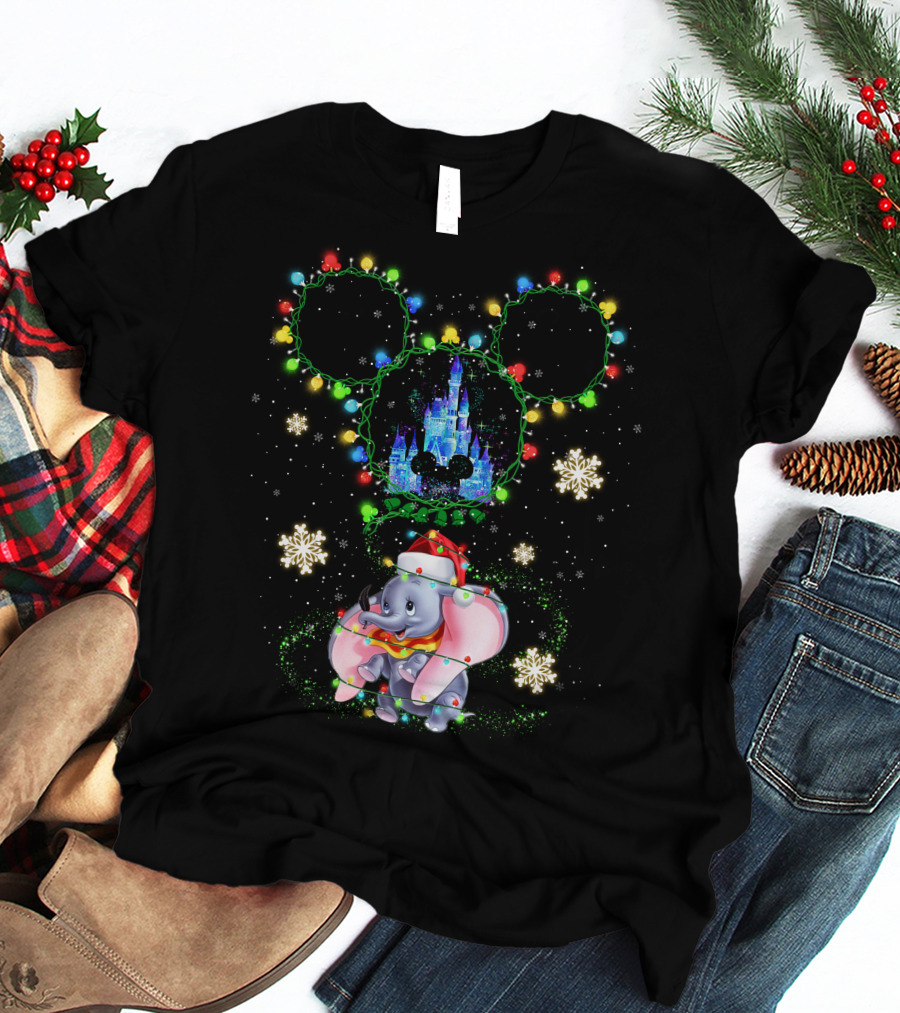 Christmas Dumbo With Castle And Mickey String Lights T-Shirt