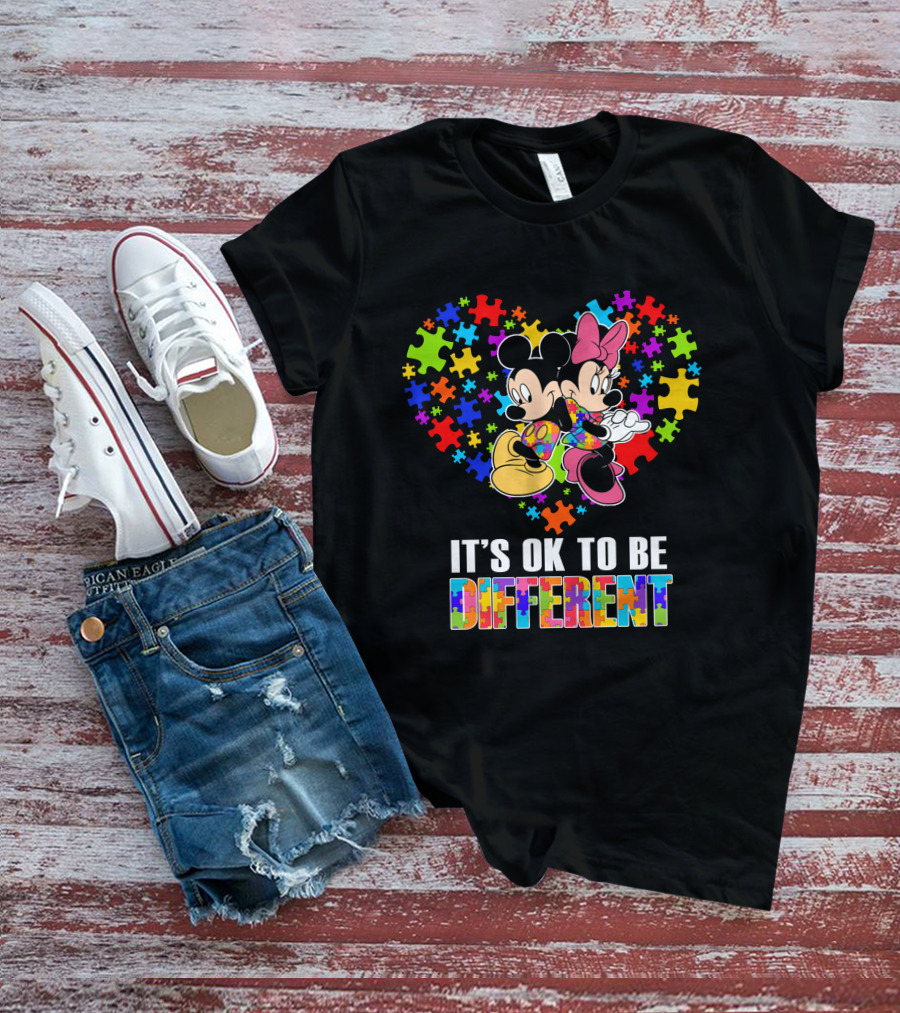 Mickey Minnie It's Ok To Be Different Puzzle Pieces Heart T-Shirt