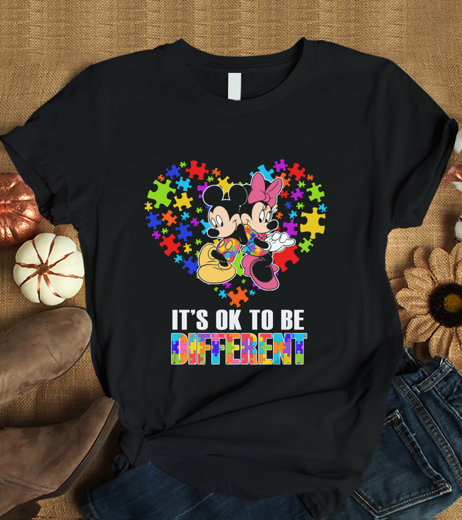 Mickey Minnie It's Ok To Be Different Puzzle Pieces Heart T-Shirt