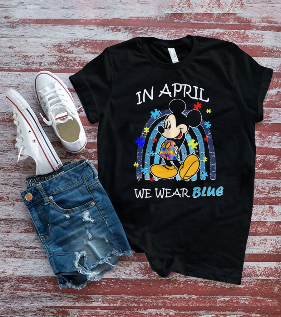 In April We Wear Blue Mickey Puzzle Autism Awareness T-Shirt