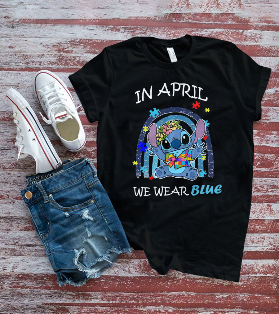 In April We Wear Blue Stitch Puzzle Rainbow T-Shirt