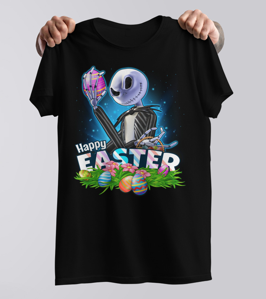 JACK SKELLINGTON Happy Easter With Colorful Eggs And Flowers T-Shirt