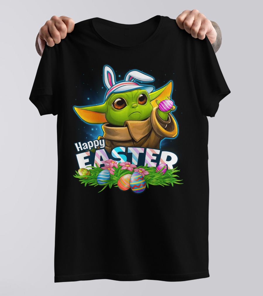 Happy Easter Yoda Baby With Bunny Ears And Colorful Eggs T-Shirt