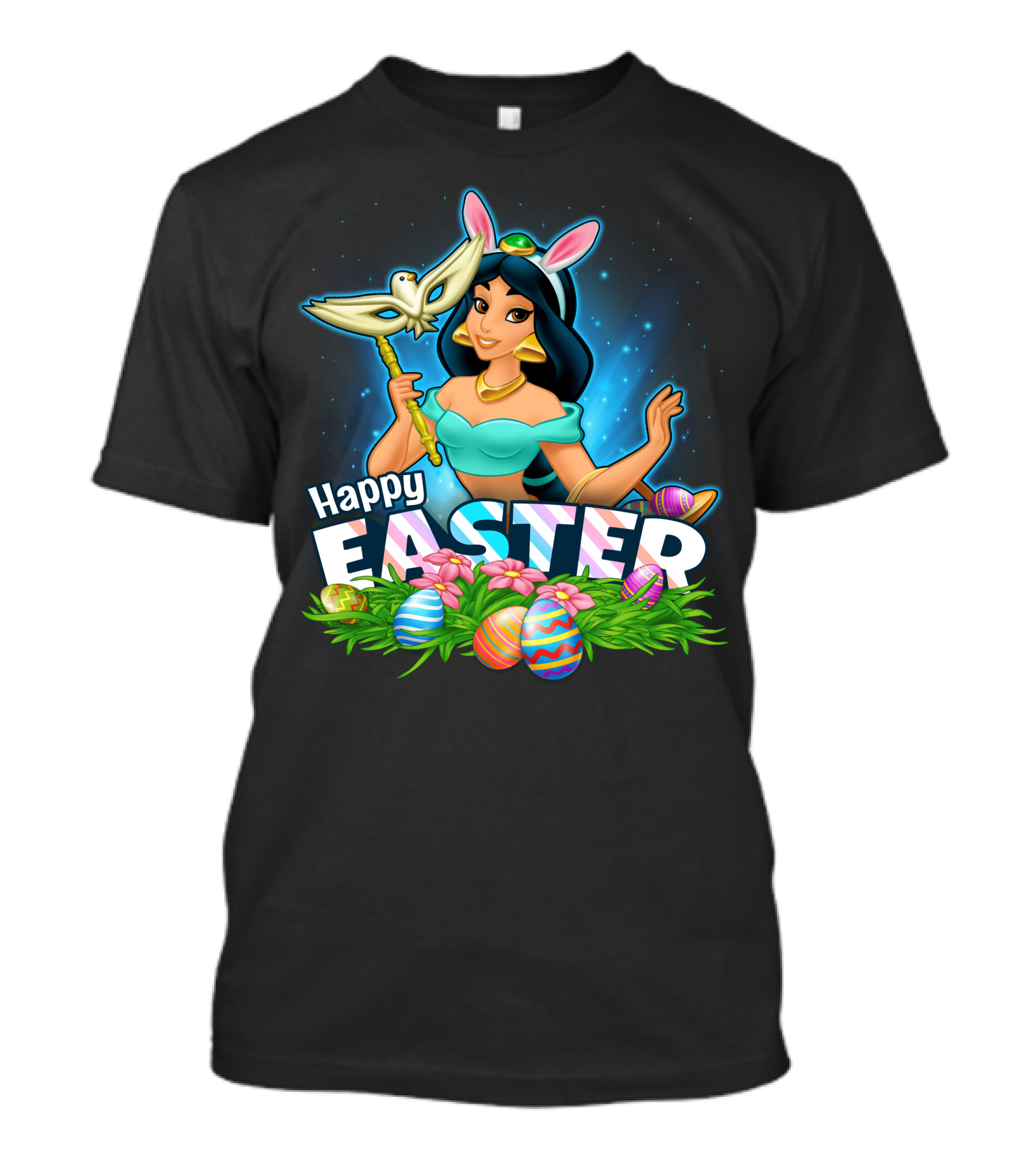 JASMINE Happy Easter Bunny Ears Doves Colorful Eggs T-Shirt