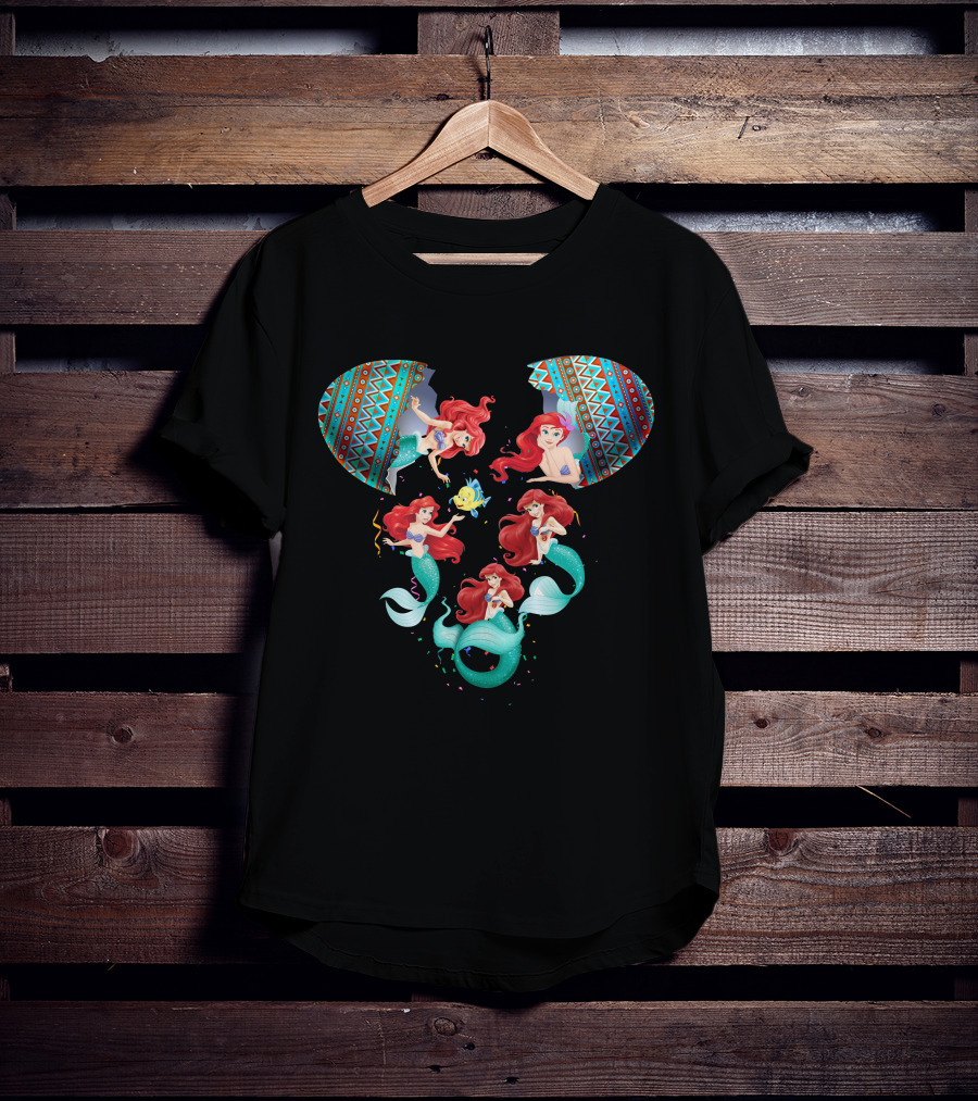 Mermaid Ariel And Friends In Colorful Tribal Pattern Inspired Disney Mouse Shape T-Shirt