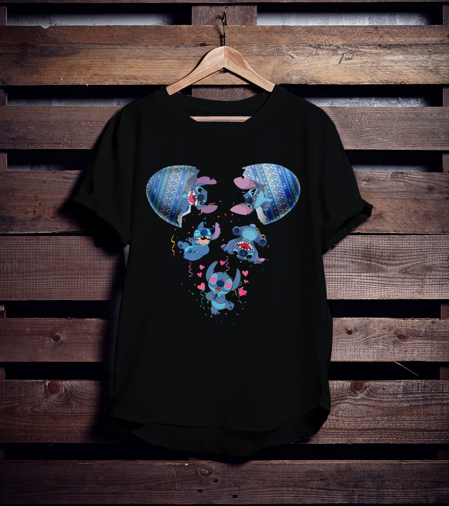 Stitch Erupting From Ornate Eggshell With Playful Expressions And Heart Confetti T-Shirt
