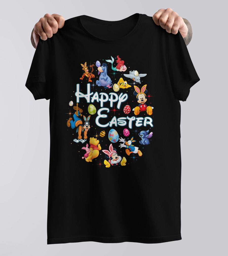 Happy Easter Disney Characters Mickey Minnie Pooh Stitch Dumbo Ariel Tigger Goofy Eeyore Eggs T-Shirt