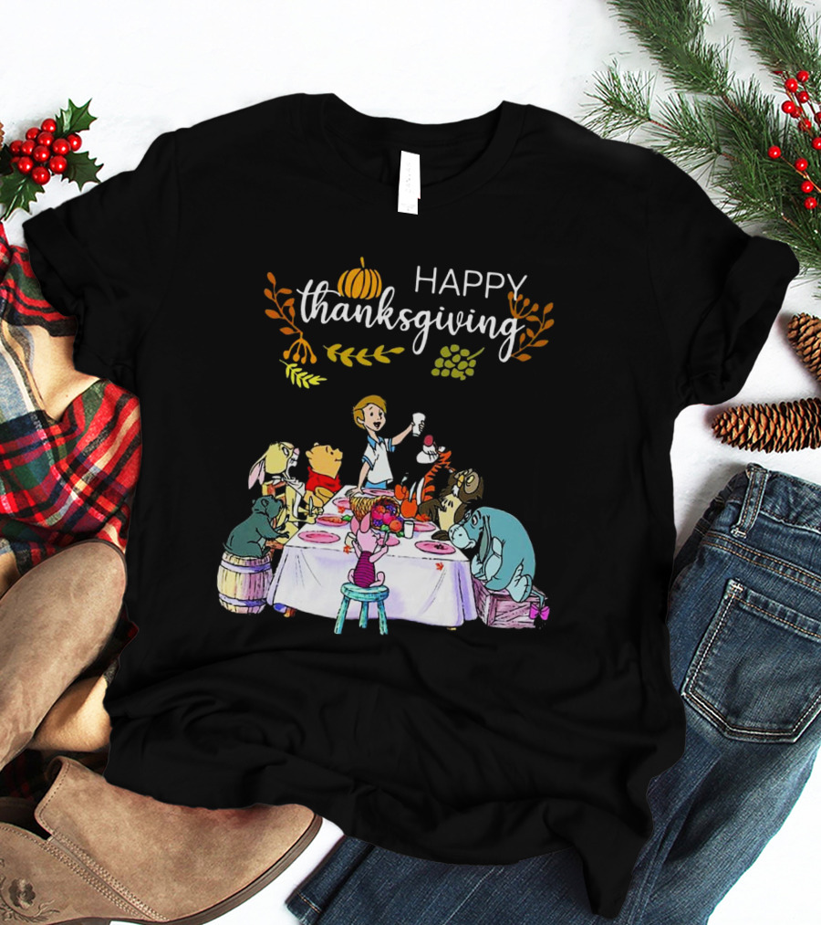 Winnie The Pooh Happy Thanksgiving Celebration With Friends At Dining Table T-Shirt