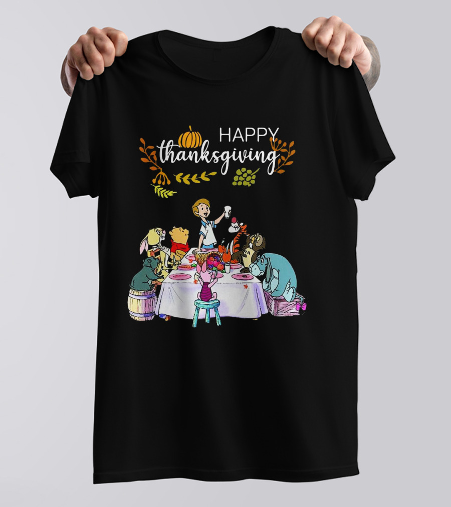 Winnie The Pooh Happy Thanksgiving Celebration With Friends At Dining Table T-Shirt