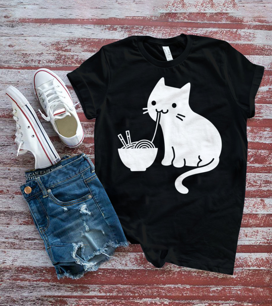 Chat Mignon Manger Ramen Essentiel Blanc Noir T-Shirt