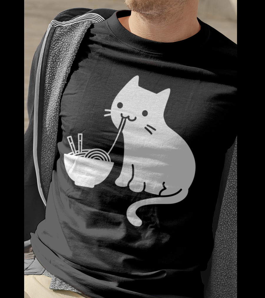 Chat Mignon Manger Ramen Essentiel Blanc Noir T-Shirt