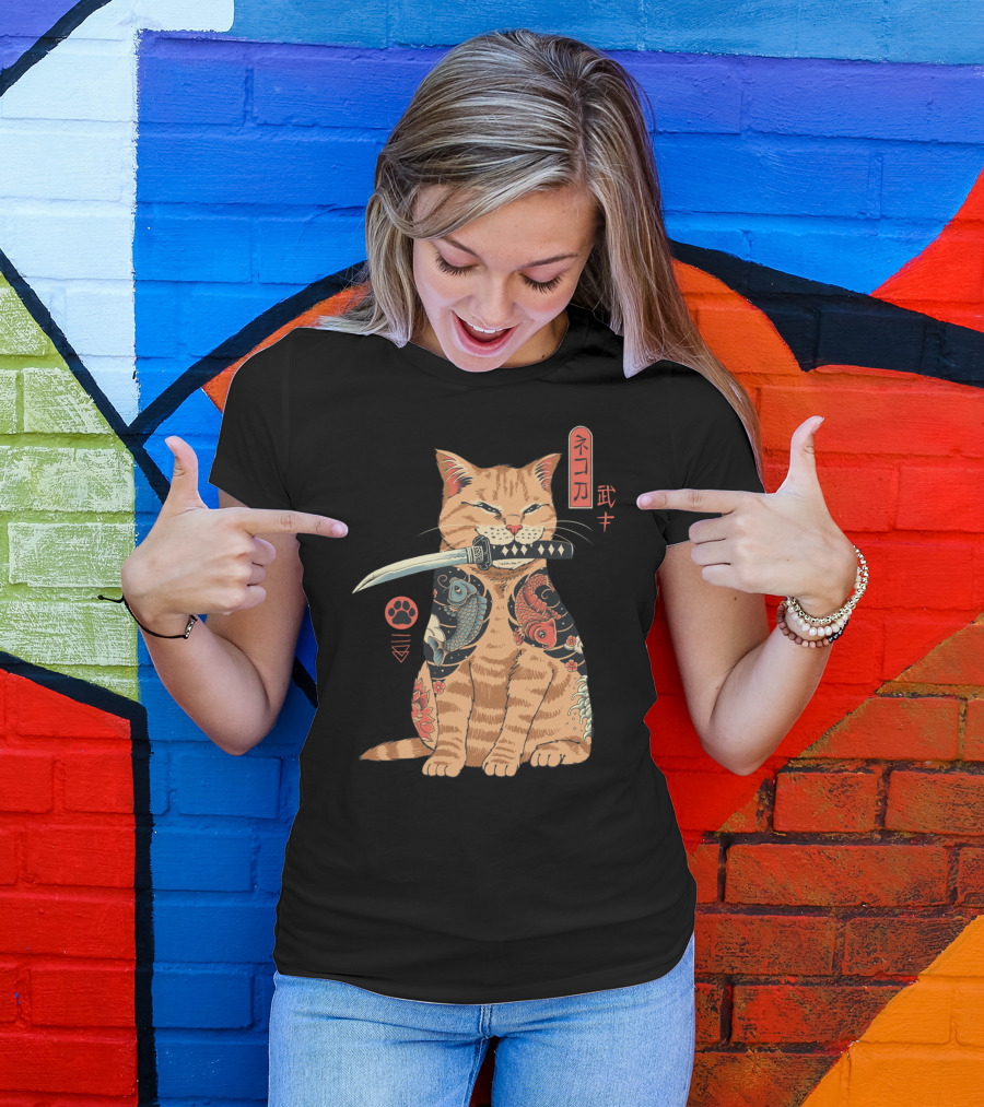 Catana Classique Samurai Cat Kanji Tattoo Koi Fish Katana T-Shirt