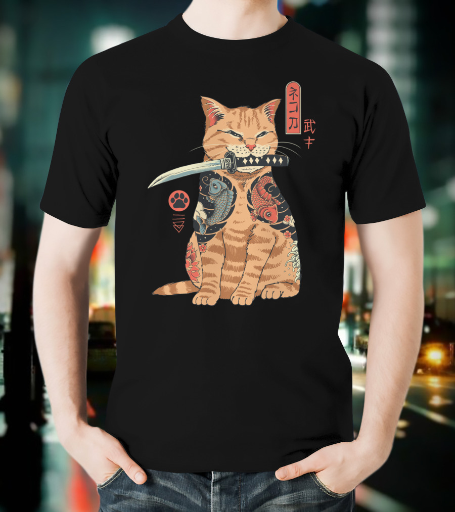 Catana Classique Samurai Cat Kanji Tattoo Koi Fish Katana T-Shirt