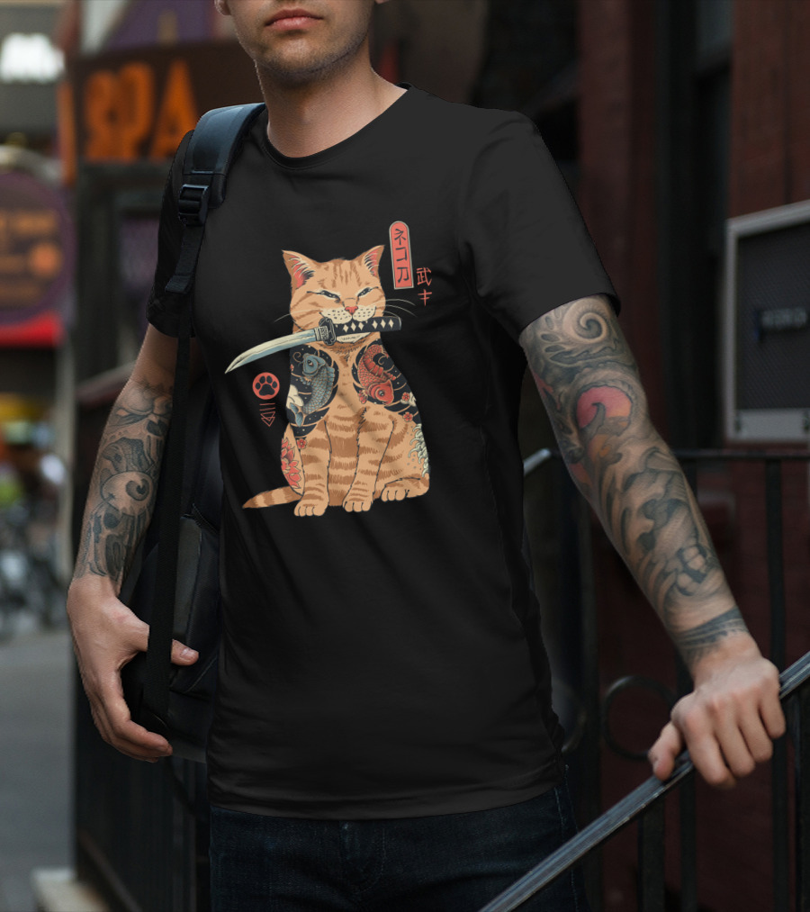 Catana Classique Samurai Cat Kanji Tattoo Koi Fish Katana T-Shirt