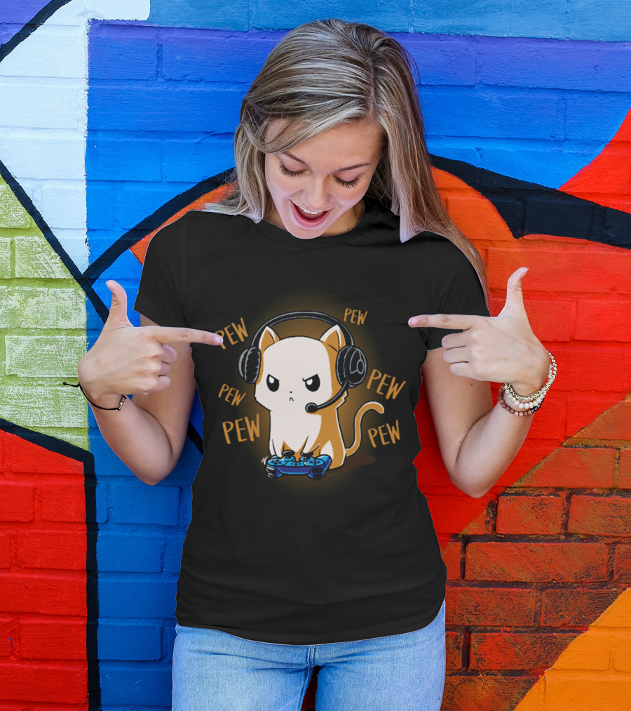 Pew Pew Kitty Cat Gamer Kliban Cats Headset Controller T-Shirt