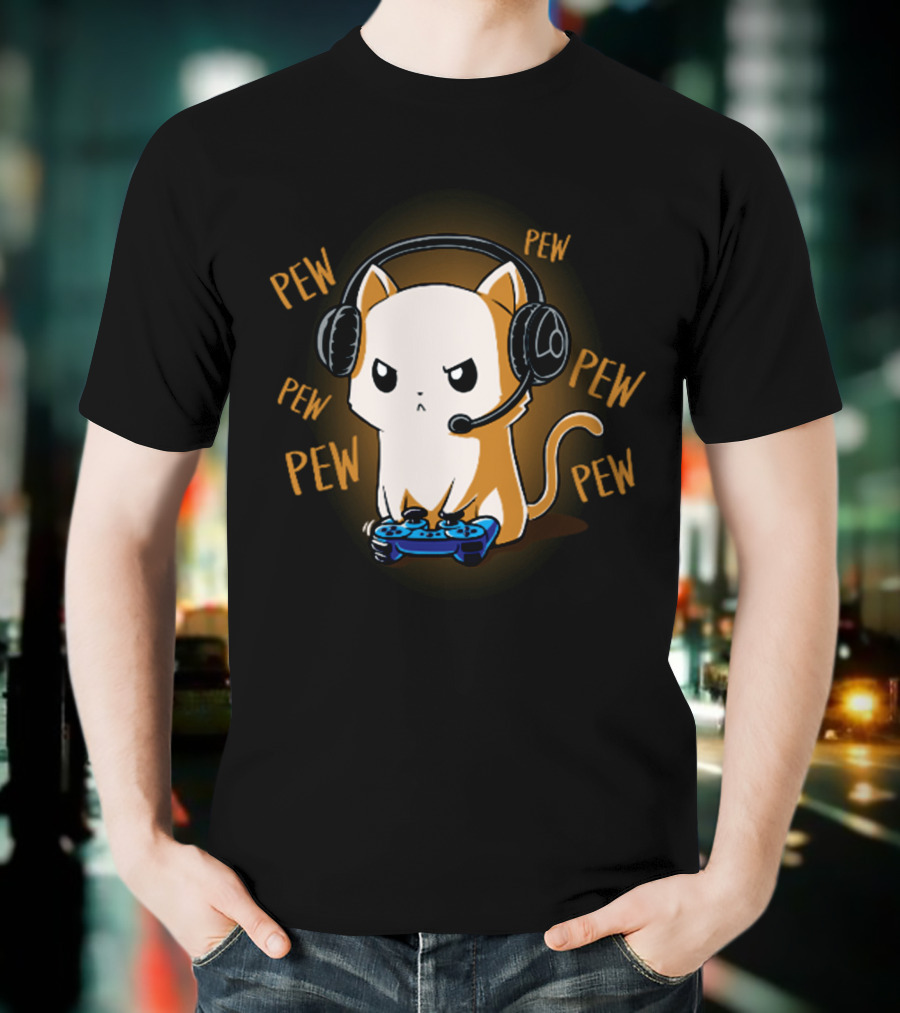 Pew Pew Kitty Cat Gamer Kliban Cats Headset Controller T-Shirt