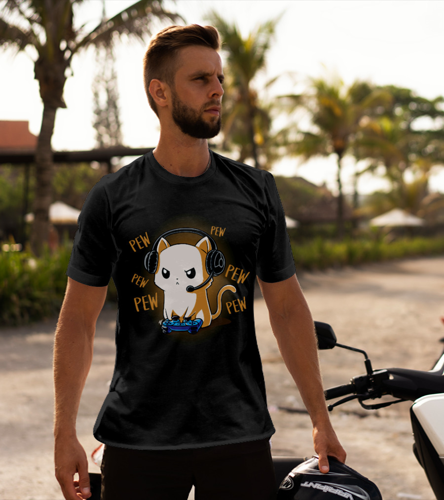 Pew Pew Kitty Cat Gamer Kliban Cats Headset Controller T-Shirt