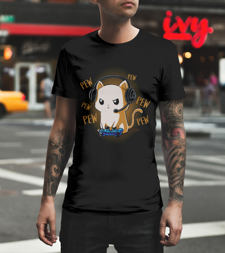 Pew Pew Kitty Cat Gamer Kliban Cats Headset Controller T-Shirt