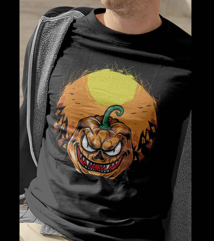 Spooky Grinning Pumpkin With Haunted Houses And Bats Under Full Moon Halloween T-Shirt