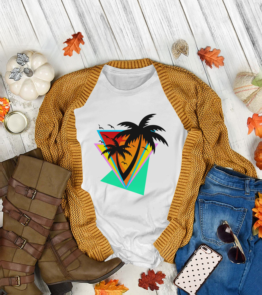 The Sea And You Tropical Palm Sunset With Geometric Triangles And Birds T-Shirt