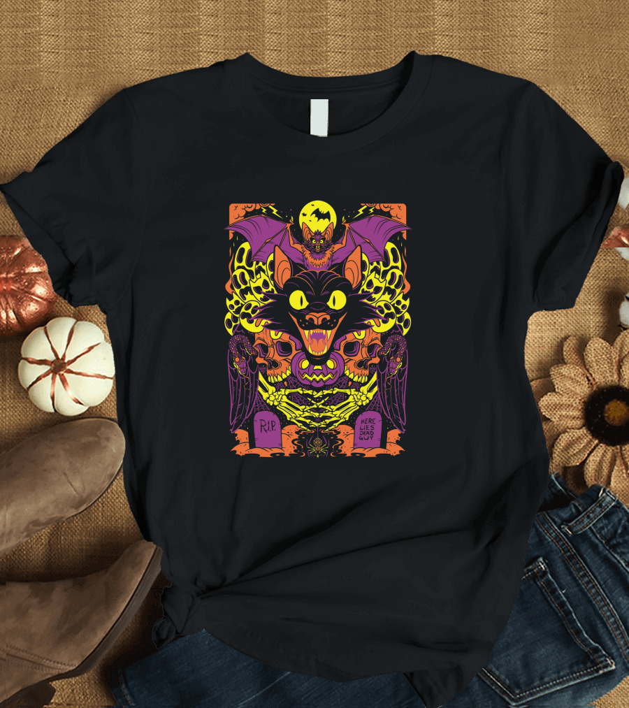 Stablercake Halloween Every Day R.I.P Here Lies Dead Guy Skull And Bat T-Shirt