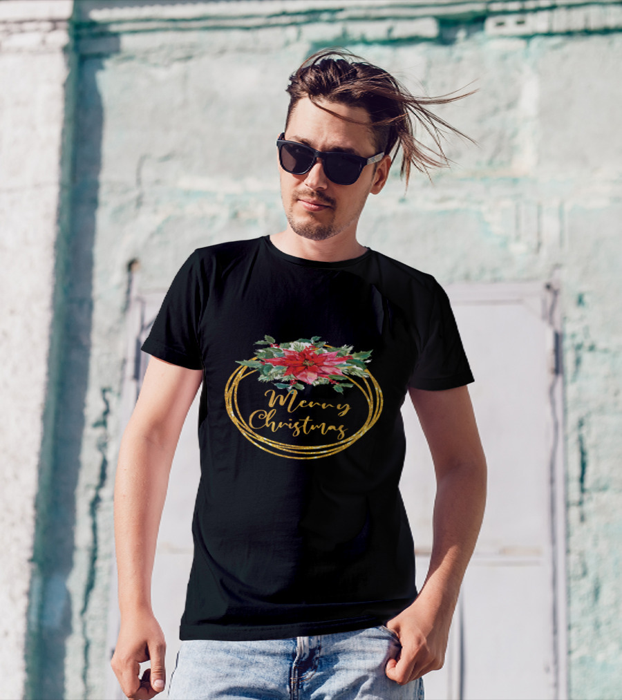 Merry Christmas Poinsettia Wreath T-Shirt
