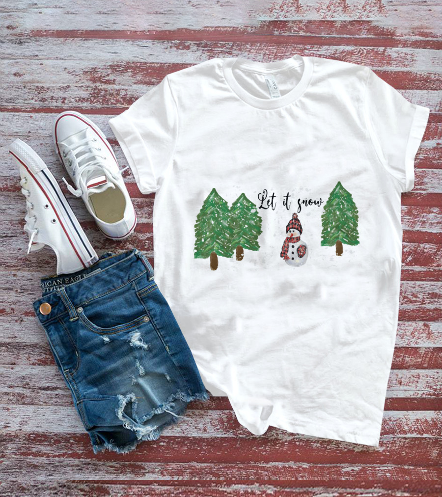 Let It Snow Watercolor Snowman And Pine Trees T-Shirt