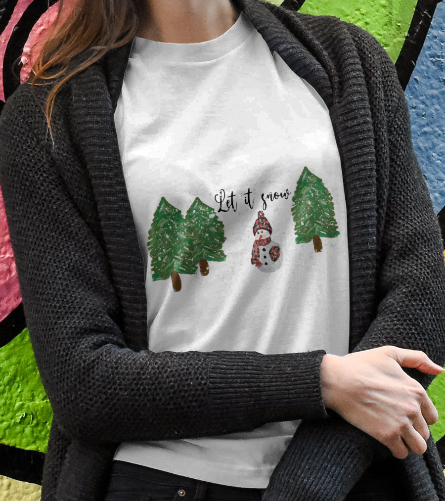 Let It Snow Watercolor Snowman And Pine Trees T-Shirt