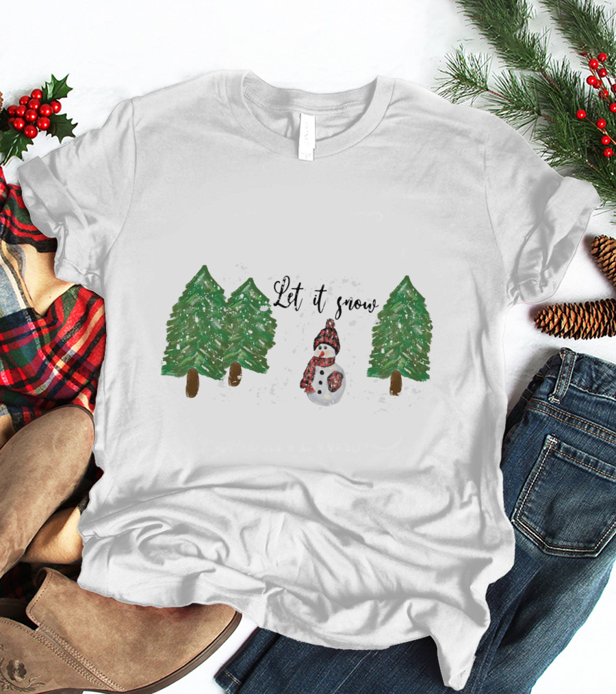 Let It Snow Watercolor Snowman And Pine Trees T-Shirt