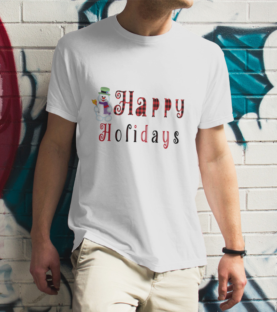 Happy Holidays Christmas Snowman With Plaid Letters T-Shirt