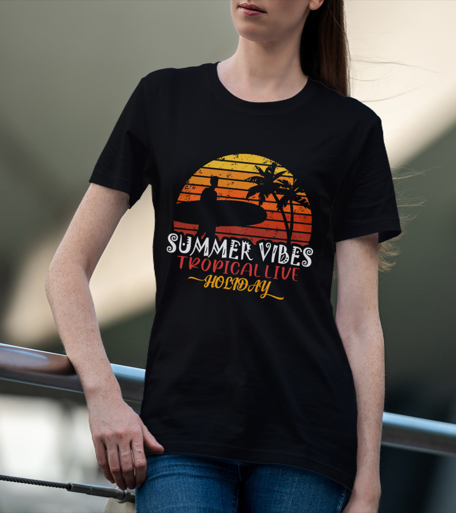 Summer Vibes Tropical Live Holiday Surfer Sunset Palms T-Shirt