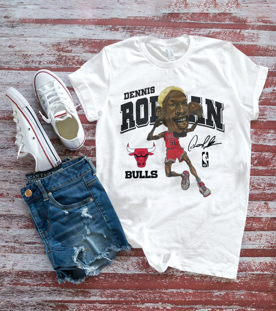 Dennis Rodman 91 Chicago Bulls NBA Caricature Signature Mitchell And Ness T-Shirt
