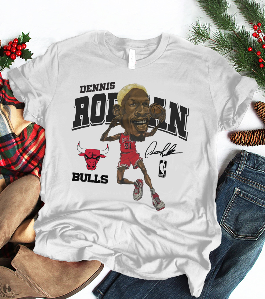 Dennis Rodman 91 Chicago Bulls NBA Caricature Signature Mitchell And Ness T-Shirt
