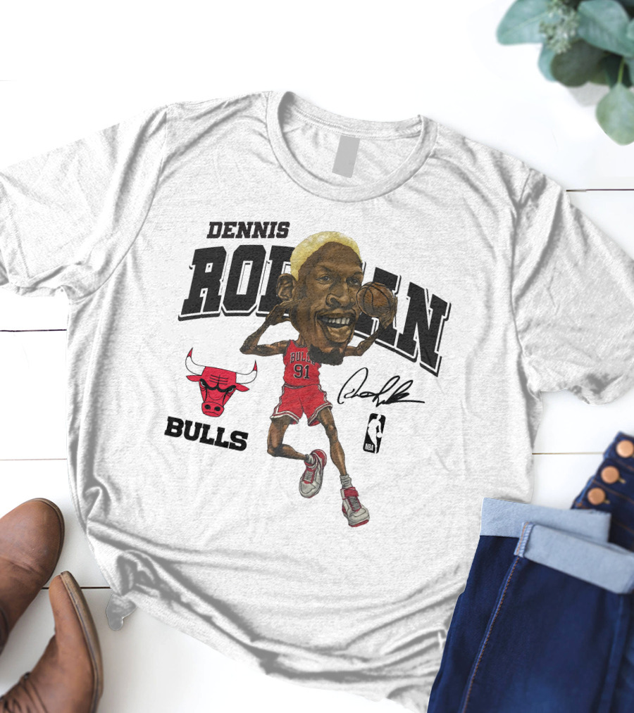 Dennis Rodman 91 Chicago Bulls NBA Caricature Signature Mitchell And Ness T-Shirt