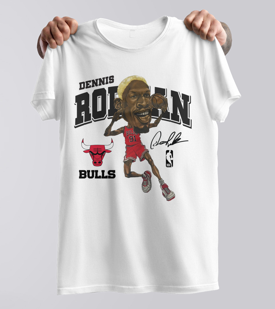 Dennis Rodman 91 Chicago Bulls NBA Caricature Signature Mitchell And Ness T-Shirt