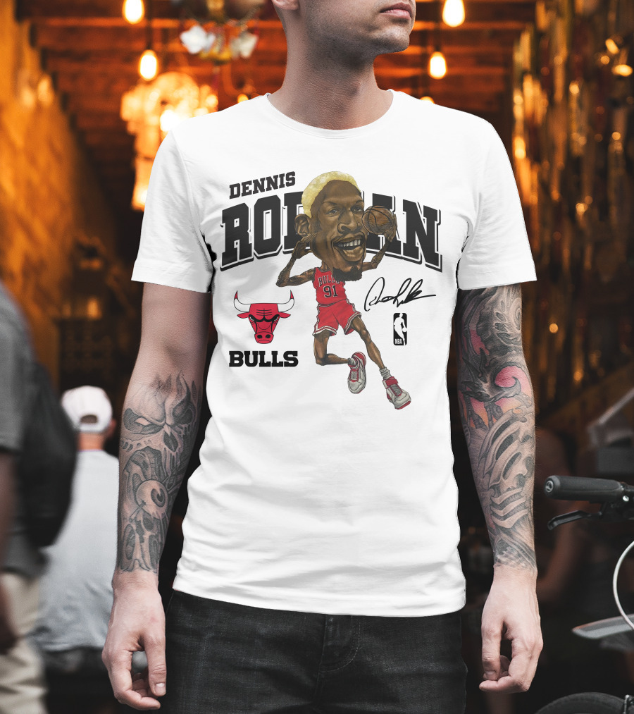 Dennis Rodman 91 Chicago Bulls NBA Caricature Signature Mitchell And Ness T-Shirt