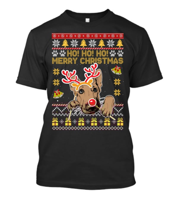 HO HO HO Merry Christmas German Shepherd Reindeer Antlers Ugly Sweater Style Holiday Bells Presents Snowflakes T-Shirt