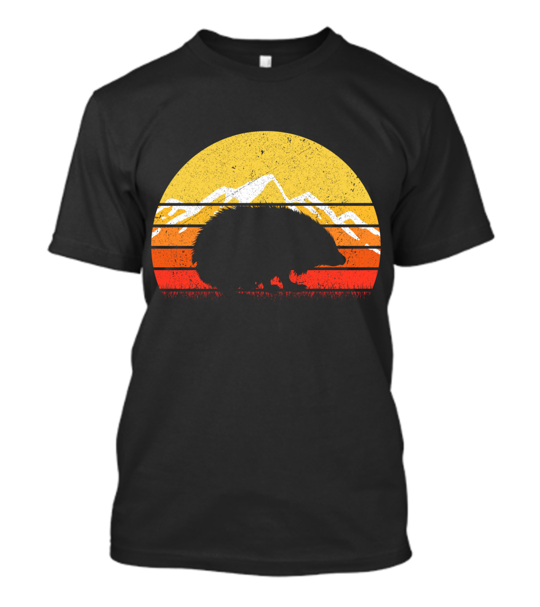Retro Vintage Hedgehog Silhouette Against Sunset Mountain Stripe Circle T-Shirt