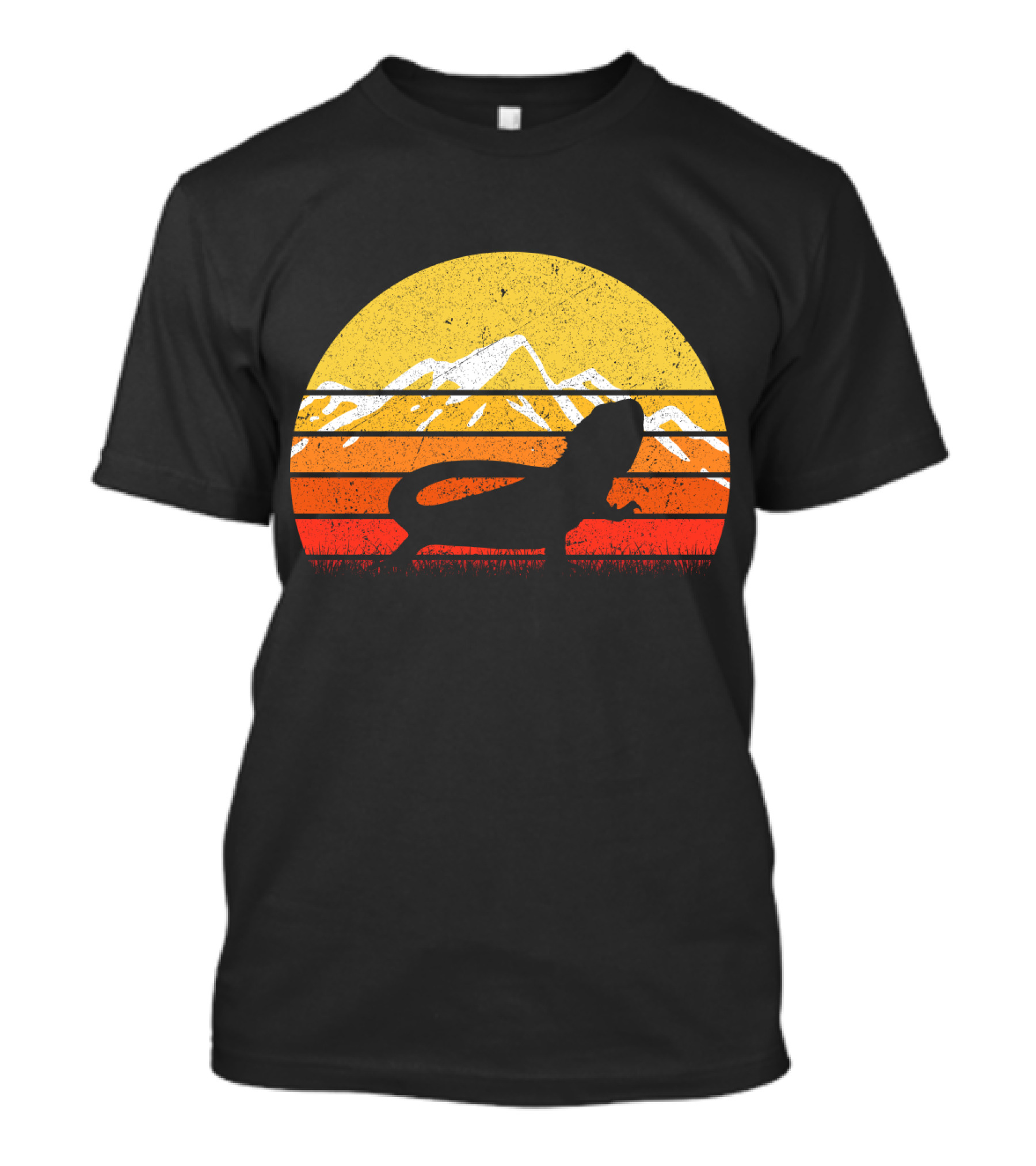 Retro Vintage Bearded Dragon Sunset Silhouette Mountain Stripe T-Shirt