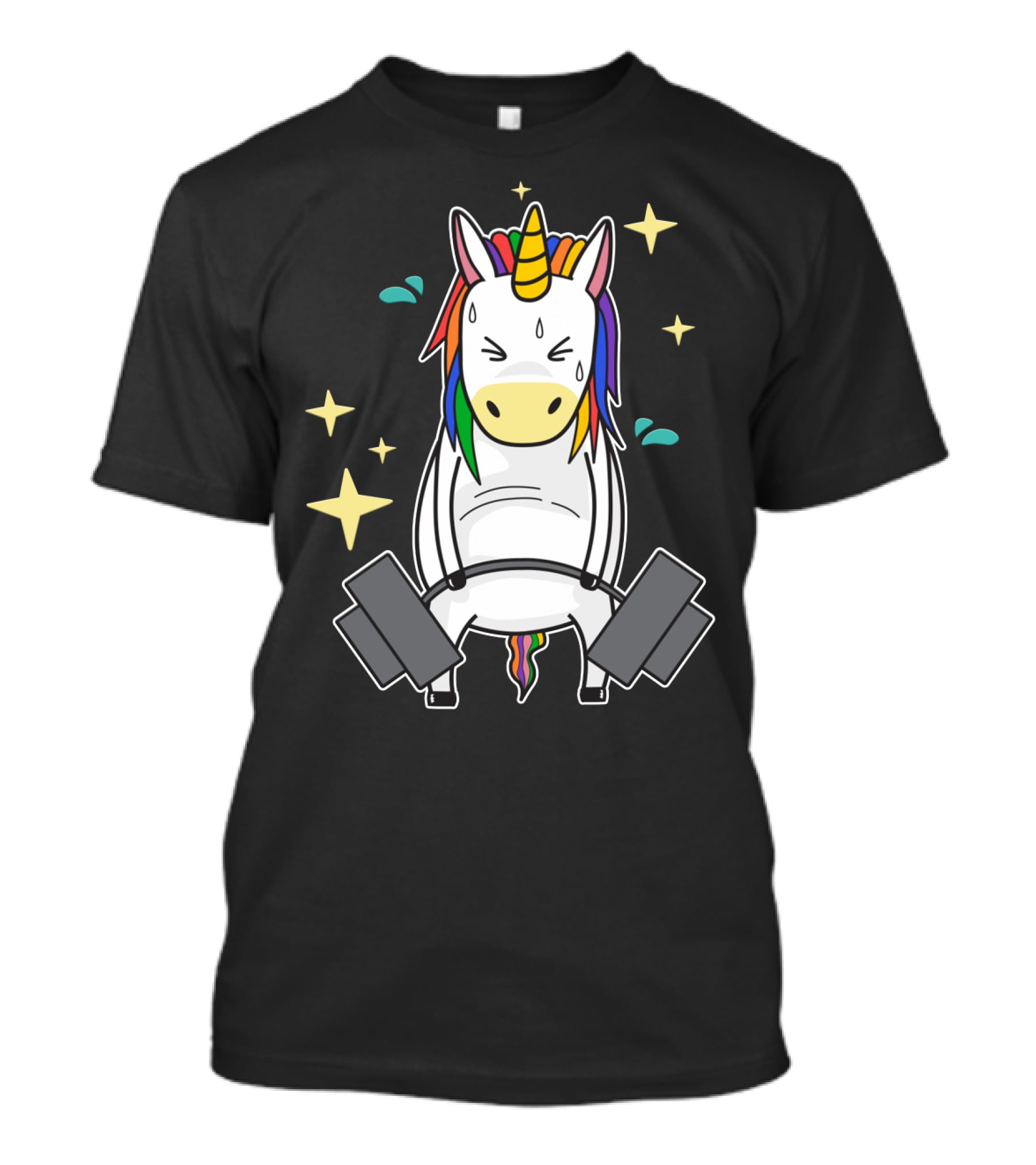 Unicorn Weightlifting Fitness Gym Sweat Rainbow Mane Stars T-Shirt