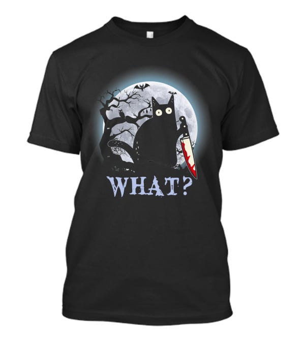 What? Black Cat With Knife Moon Halloween Scene T-Shirt