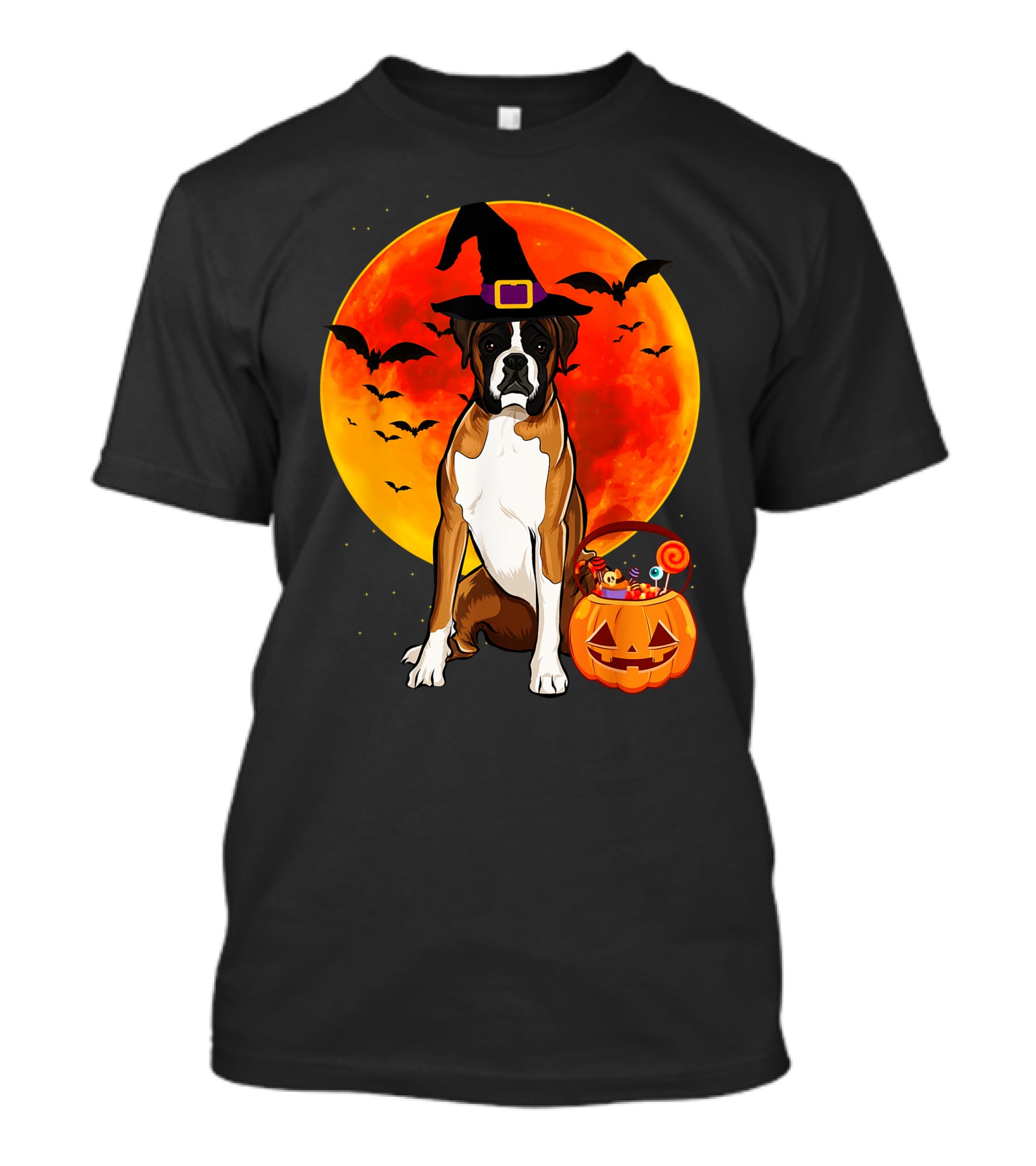 Boxer Dog With Witch Hat Pumpkin Full Moon Halloween Bats T-Shirt